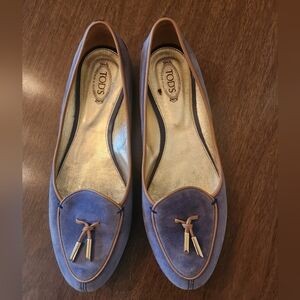 Tod's Women's Light Blue Suede Loafers with Tan Trim